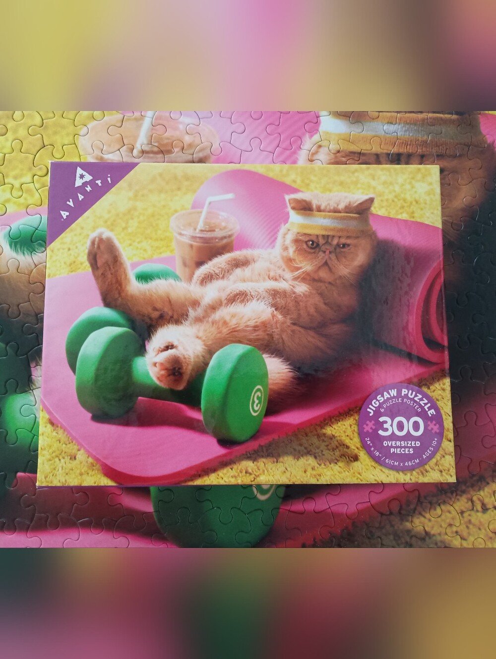 3/$10 🌟 Avanti Ceaco Cat On Pink Yoga Mat with Green Dumbbell 300 Piece Puzzle